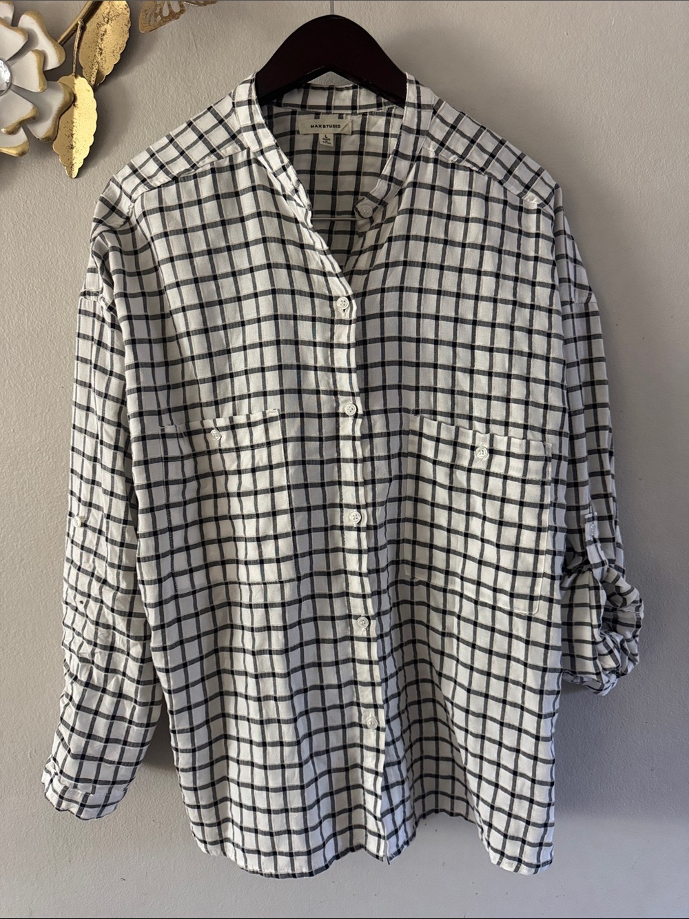 Max Studio White and Black Windowpane Band-Collar Button-Down Shirt
